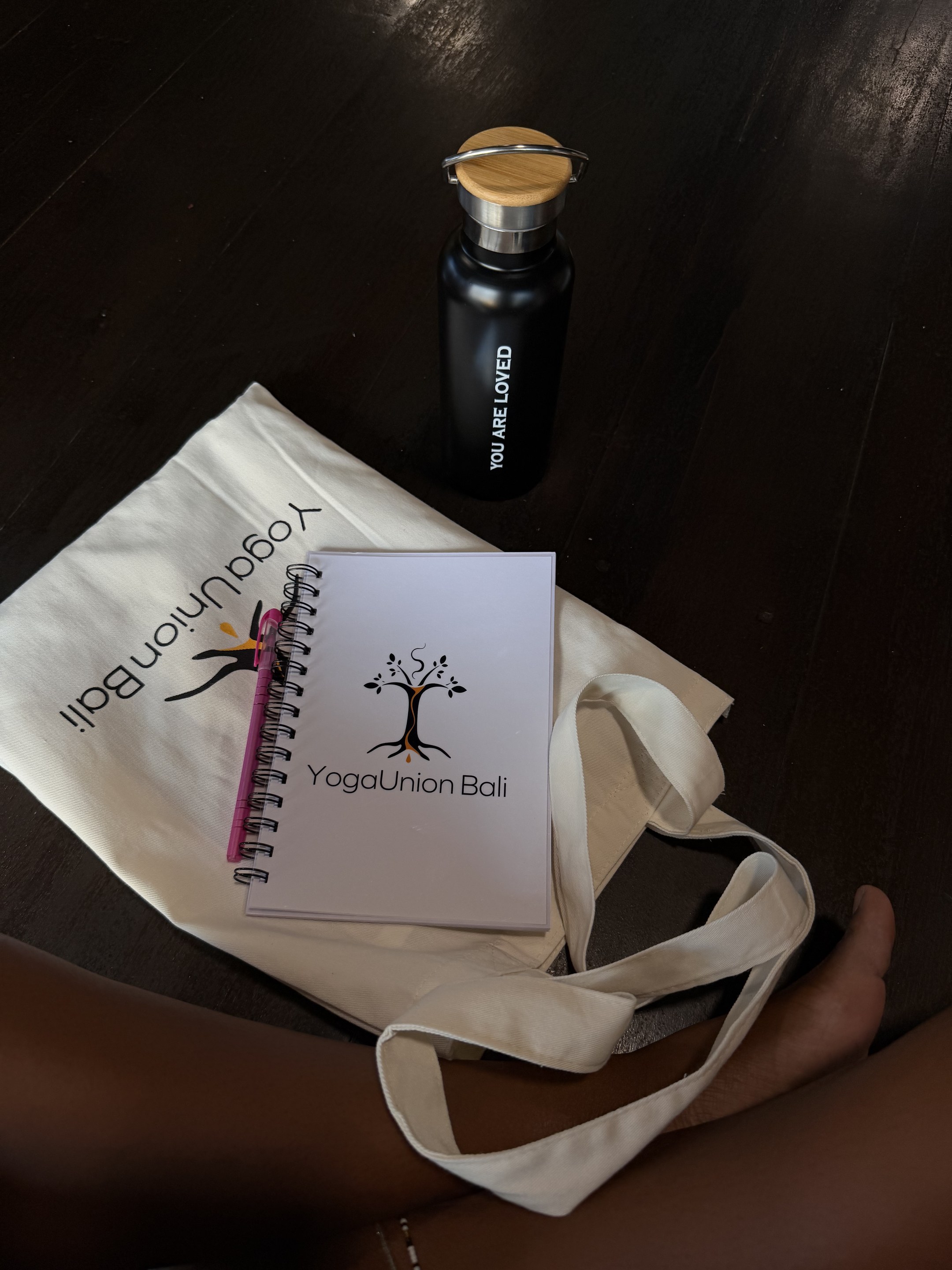 YogaUnion Bali tote, notebook and bottle
