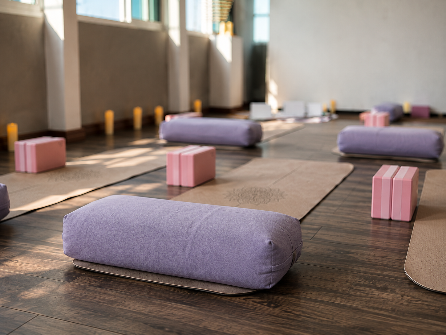 Yoga studio detail, mats and bolsters in soft light