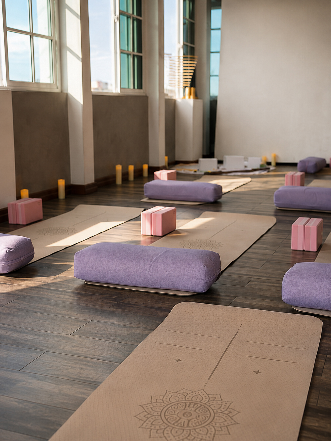 Indoor practice space with tall windows and natural light