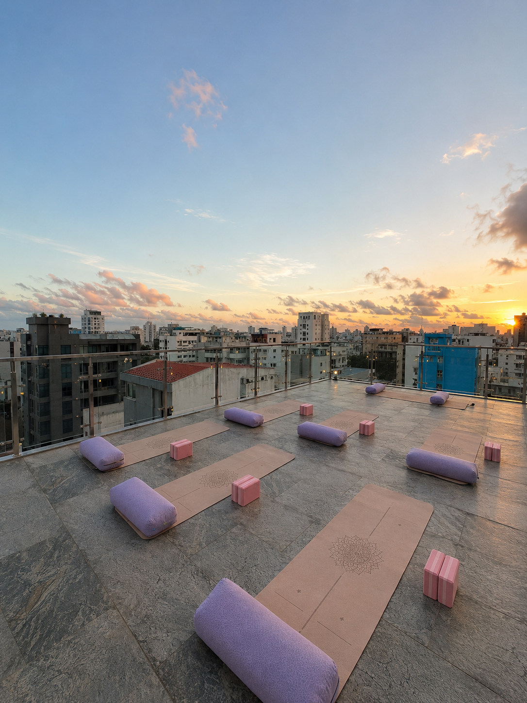 Open-air terrace at golden sunset with mats laid out